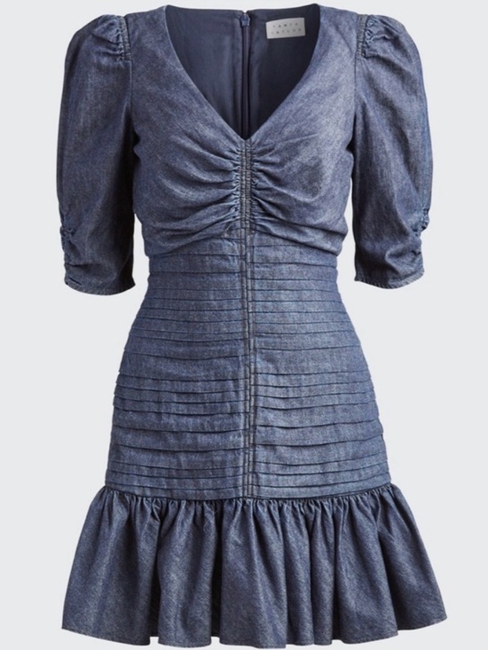 Tanya Taylor Dresses & Skirts - Tanya Taylor Pansy Mini Dress Size 2 Ruched Denim Americana Ruffle Tier Flounce